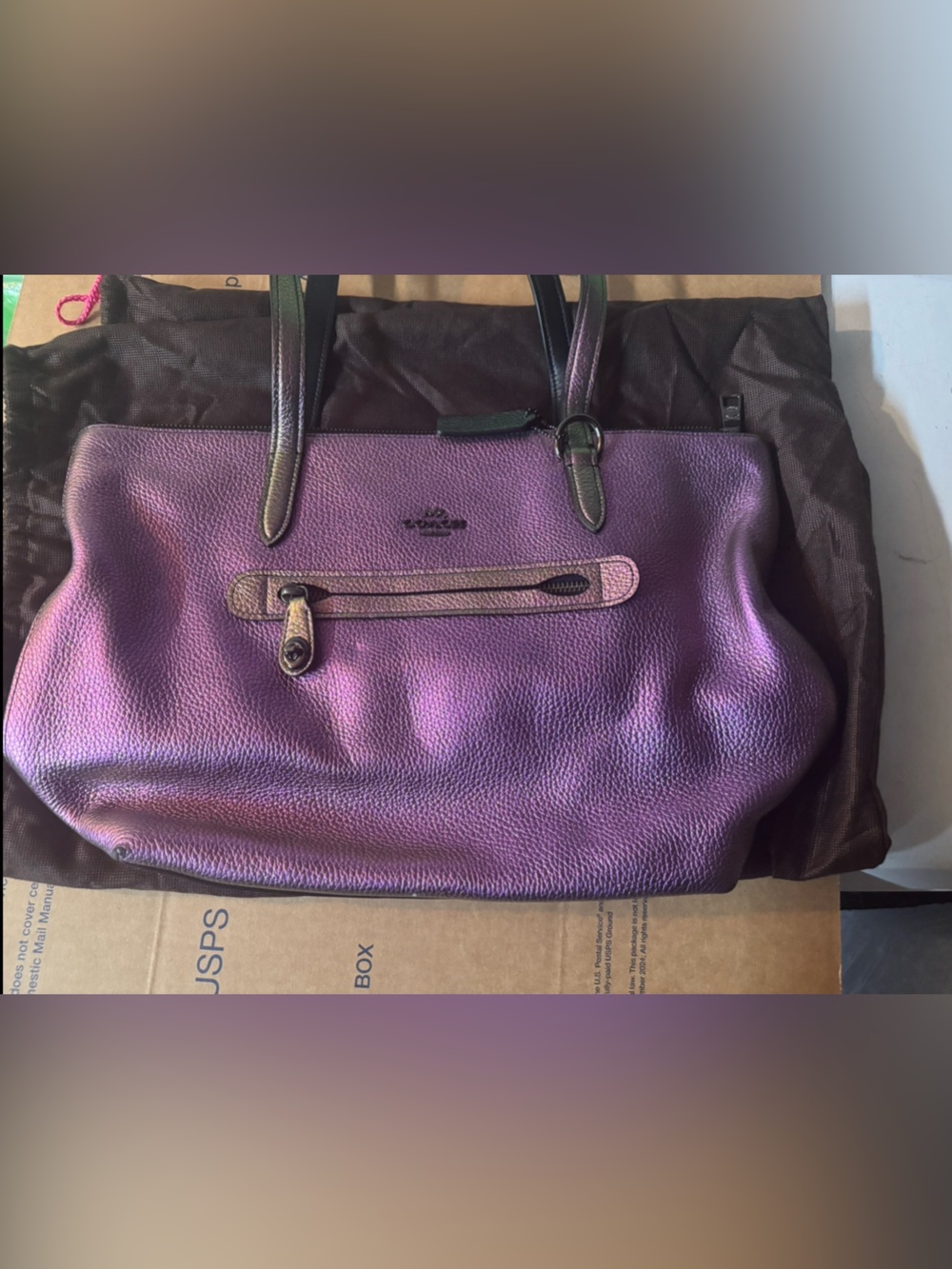 Coach Purple Pebbled Leather Tote with Black Trim